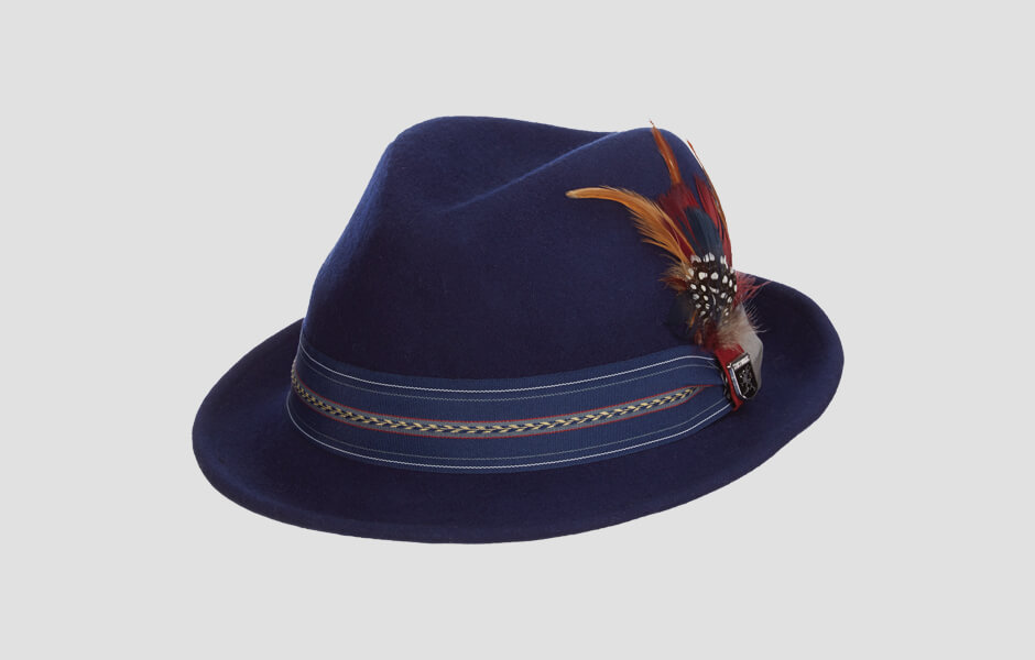 Blue Stacy Adams hat with multi-colored feathers
